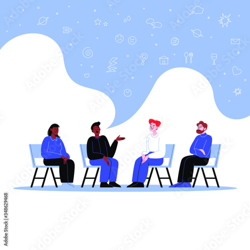 Defferent people attending a therapy session. Group psychotherapy session. Conversation with a psychologist. Icons in the speech bubble