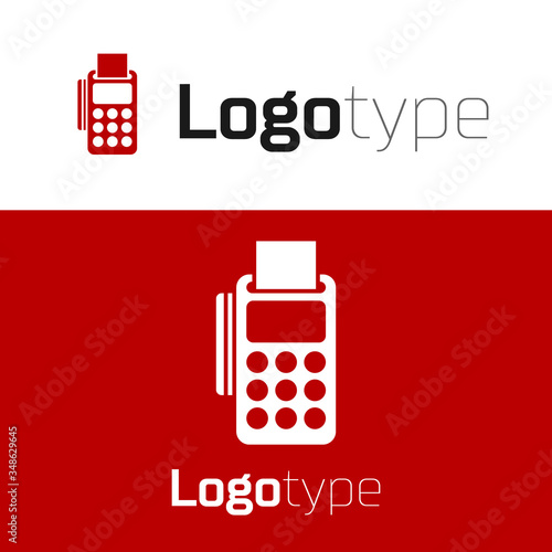 Red POS terminal with inserted credit card and printed reciept icon isolated on white background. NFC payment concept. Logo design template element. Vector