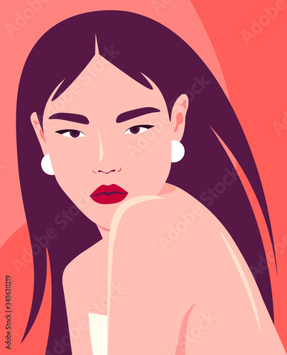 Portrait of a young asian woman. The girl is model. Fashion and beauty. Bright vector illustration in flat style.