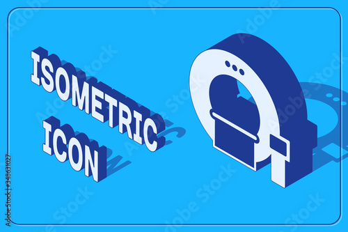 Isometric Tomography icon isolated on blue background. Medical scanner, radiation. Diagnosis, radiology, magnetic resonance therapy. Vector