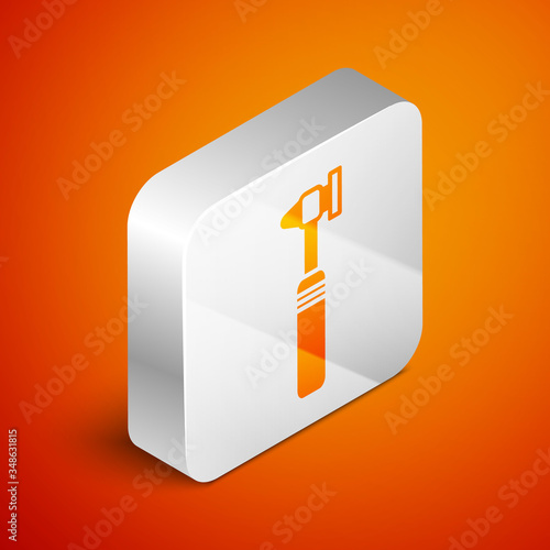 Isometric Medical otoscope tool icon isolated on orange background. Medical instrument. Silver square button. Vector