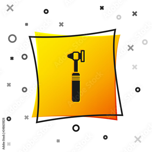 Black Medical otoscope tool icon isolated on white background. Medical instrument. Yellow square button. Vector