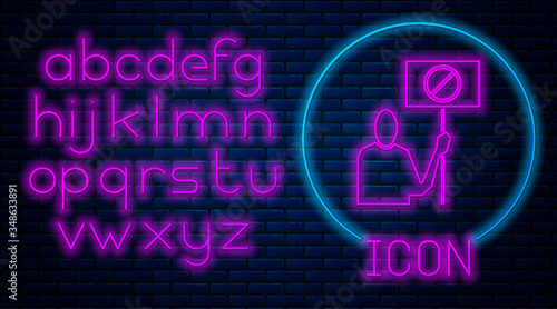 Glowing neon Nature saving protest icon isolated on brick wall background. Earth planet protection, environmental issues demonstration. Neon light alphabet. Vector