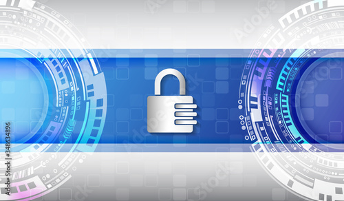 Protection from virus attack. Global antivirus secure system. Abstract blue background with various technology elements. Cyber attack protection privacy concept. Futuristic padlock vector illustration