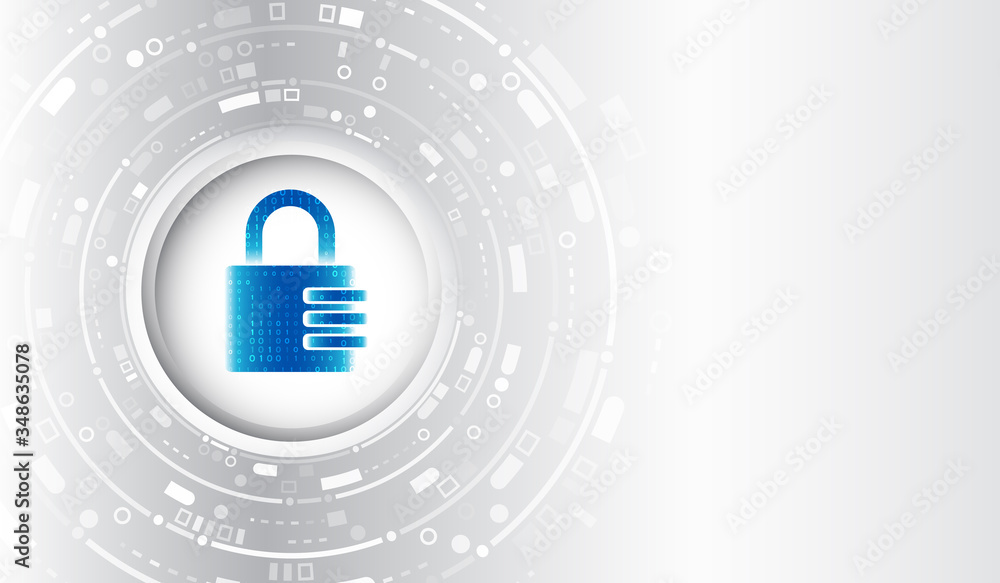 Obraz premium Abstract blue background with various technology elements. Cyber attack protection privacy concept. Futuristic padlock vector illustration. Protection from virus attack. Global antivirus secure system