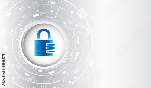 Abstract blue background with various technology elements. Cyber attack protection privacy concept. Futuristic padlock vector illustration. Protection from virus attack. Global antivirus secure system