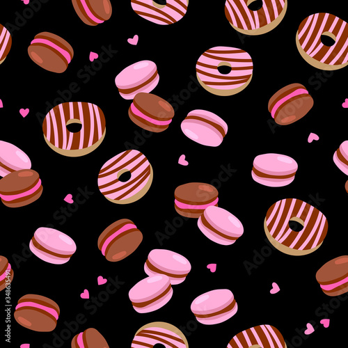 Vector seamless pattern of donuts and macarons with different tastes. Macaroons. Sweets illustration. Dessert background. Cartoon style.