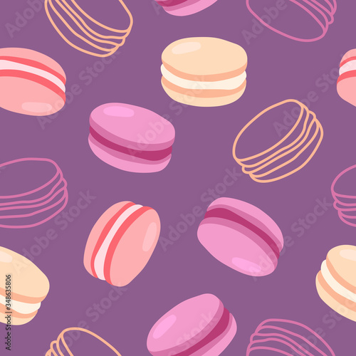 Vector seamless pattern of macarons with different tastes. Sweets background. Cartoon style.