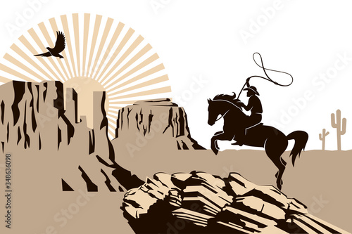 western cowboy silhouette with lasso on horse illustration with mountains