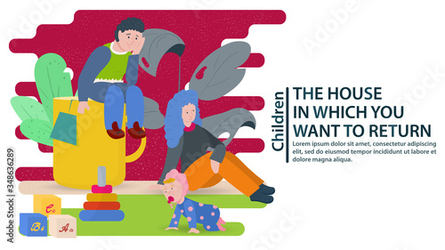 Family father sitting on a Cup of tea mother with child on the floor concept for banners and websites and postcards vector flat illustration