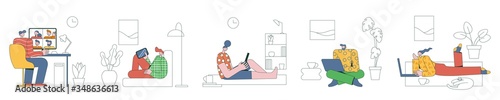 Freelance people work online in home. Young people, man and woman working on computers and laptops at comfortable conditions. Office,video conference,communication,remote. Vector flat illustration 