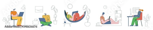 Freelance people work remotely. Character works from home or beach in comfortable conditions. Men Working on Laptop Lying in Hammock. Female profile at computer. Vector set Illustration in flat style