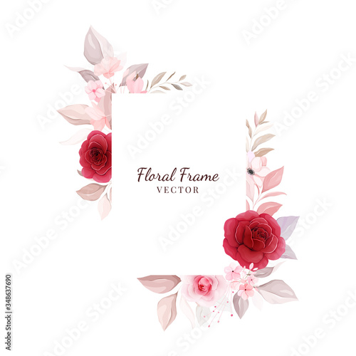 Floral frame vector. Botanic decoration illustration of red and peach roses, leaves, branches. Botanic composition for wedding or greeting card design, logo, etc