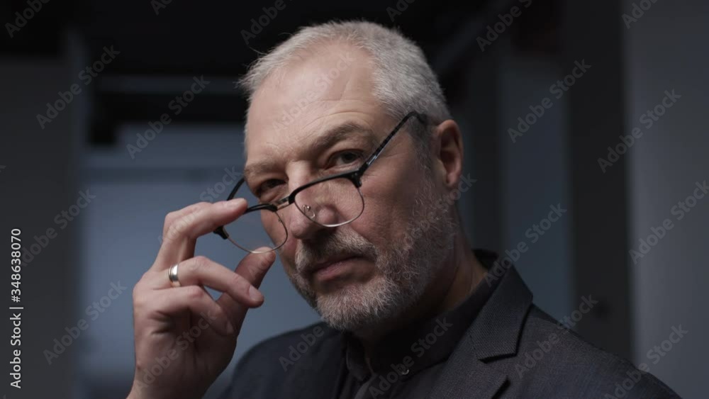 Elegant Pensive Middle Aged Businessman in Suit Thinking and Looking to Camera. Successful Leader with Gray Hair Mindful Staring. Portrait Front View. Mature Male Executive CEO in Contemporary Office Elegant Pensive Middle Aged Businessman in Suit Thinking and Looking to Camera. Successful Leader with Gray Hair Mindful Staring. Portrait Front View. Mature Male Executive CEO in Contemporary Office