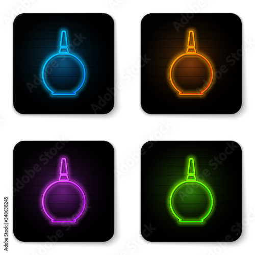 Glowing neon Enema icon isolated on white background. Enema with a plastic tip. Medical pear. Black square button. Vector