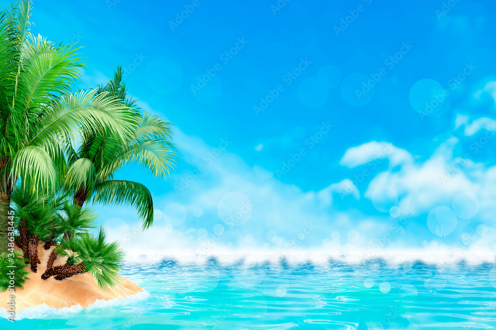 Sunny tropical Caribbean beach with palm trees and turquoise water, caribbean island vacation, hot summer day.