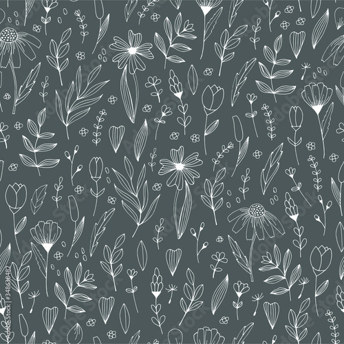 Handdrawn doodle flowers and leaves vector seamless pattern. Spring summer print for fabric and paper. Stem petals branches herb in sketchy style.
