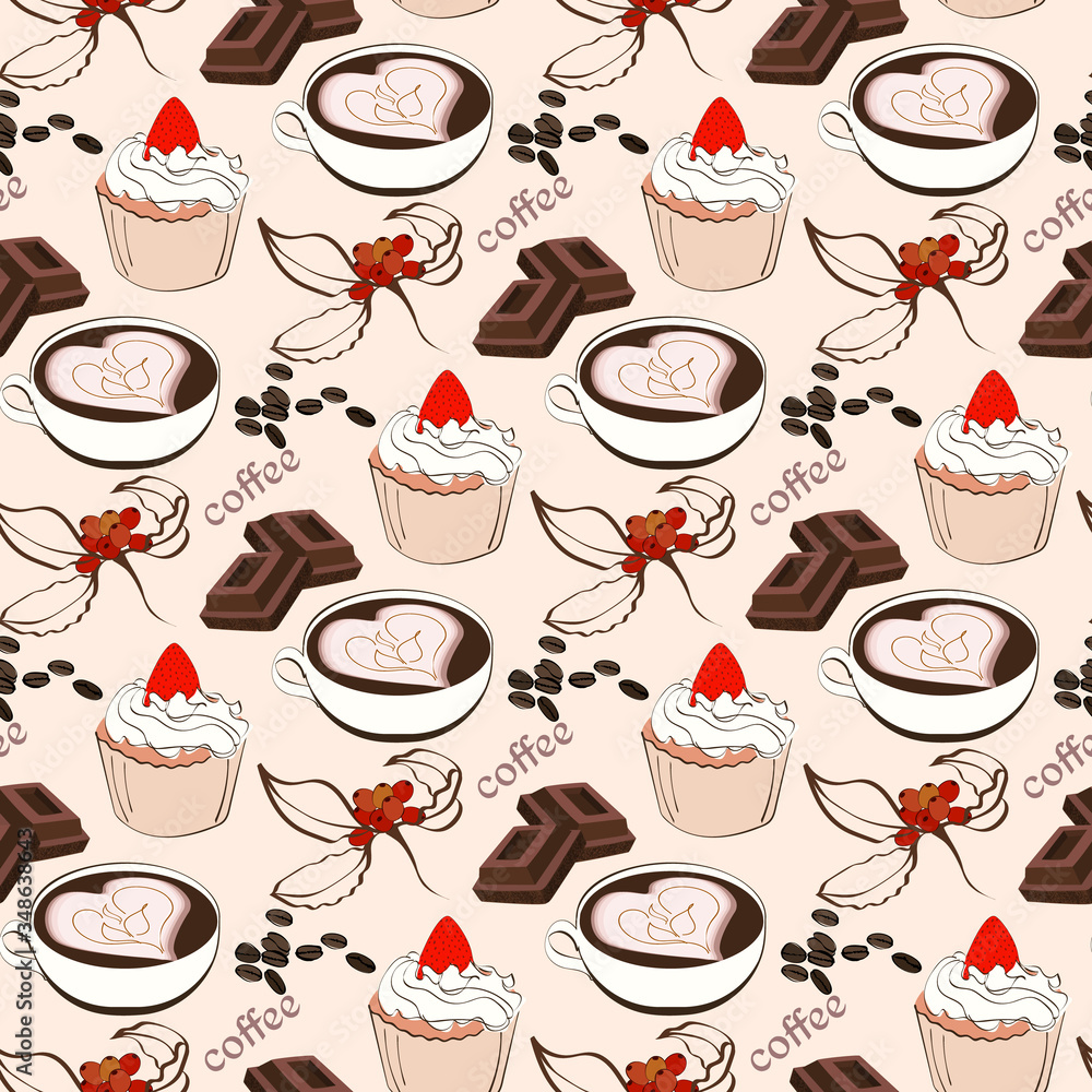 Seamless theme pattern with a cup of coffee, grains, dessert. Bright illustration suitable for decoration, design, print, fabrics. Seamless theme pattern with a cup of coffee, grains, dessert. Bright illustration suitable for decoration, design, print, fabrics.
