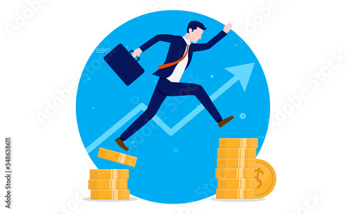 Salary increase - Man jumping from low income to higher pay with raising graph in background in blue circle. Career, investment and business growth concept. Vector illustration.