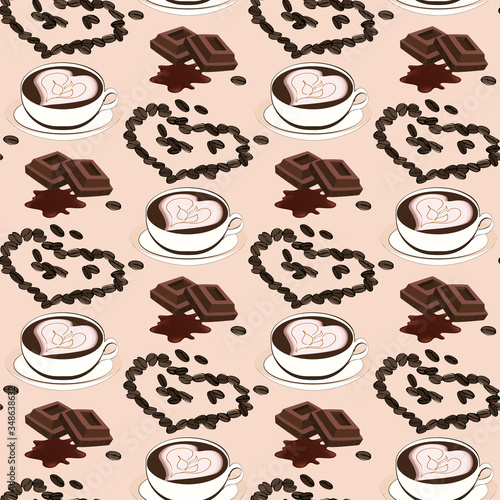 Seamless coffee theme pattern with a cup  grains  chocolate. Bright illustration suitable for decoration  design  print  fabrics.