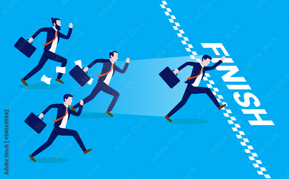 Business race four businessmen racing on track to reach finish line