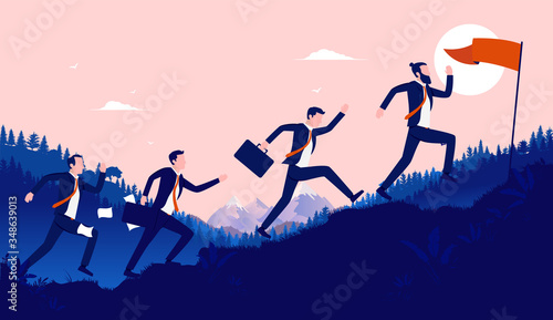 Race for success - Business people running and jumping up hill to be the person who reach goal first. Competition, career motivation and winner concept. Vector illustration.