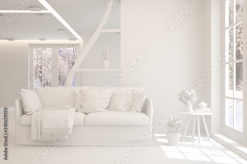 White minimalist living room with sofa. Scandinavian interior design. 3D illustration