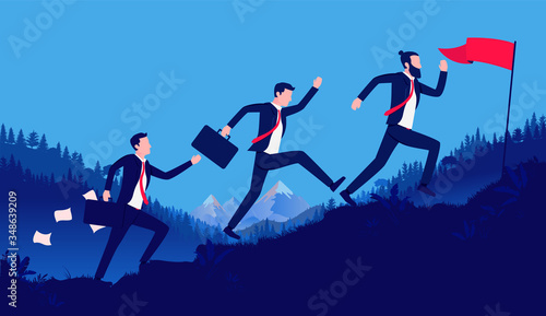 Competition - Three businessmen running up hill to reach goal and be the best. Blue sky, mountain and nature in background. Winning, success and determination concept. Vector illustration.