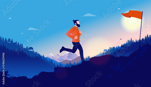 Exercise goals - Man jogging or running uphill to reach his personal goal. Healthy living, motivational training, aspirations and outdoor athlete concept. Vector illustration.