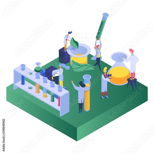 Chemistry  experimental science  men and women conduct trial experiments various substances design  cartoon vector illustration. People conduct medical research in laboratory  pharmaceutical tests.