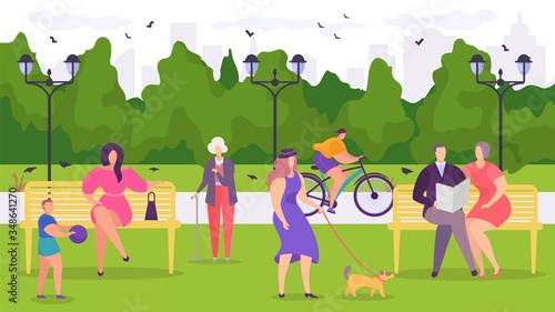City park characteristic megacities, young, old and young people enjoy outdoor recreation, design, cartoon vector illustration. Boy plays ball, men, women rest benches, dog walking, useful rest