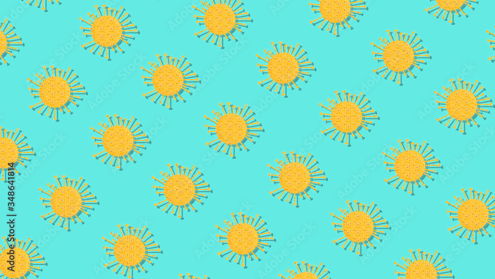 Viruses background. A dangerous viral strain under the microscope. Yellow virus particles on a blue background. Concept of the coronavirus infection Pandemic (COVID-19), Disease and medical care. Viruses background. A dangerous viral strain under the microscope. Yellow virus particles on a blue background. Concept of the coronavirus infection Pandemic (COVID-19), Disease and medical care.