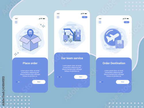 Set of onboarding screen for delivery service. Mobile application interface step. Vector