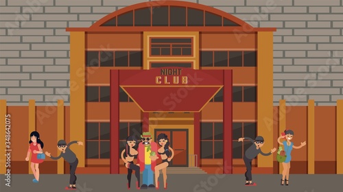 Pimp club nightlife, pickpocket thief takes out purse and other valuable things from girl handbag, cartoon vector illustration. Crime, male criminal commits robbery. Women easy virtue with rich man