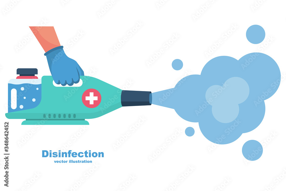 Prevention concept. Disinfection and cleaning. A man in chemical protection  disinfects. Methods of controlling the epidemic of coronavirus. Vector  illustration flat design. Cleaner in the hand. Stock Vector | Adobe Stock