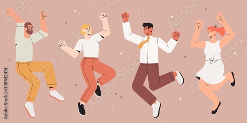 Happy business employees. A group of men and women jumping in the air cheerfully. Vector concept illustration of happy successful jumping office workers characters, business team celebrating, dancing.