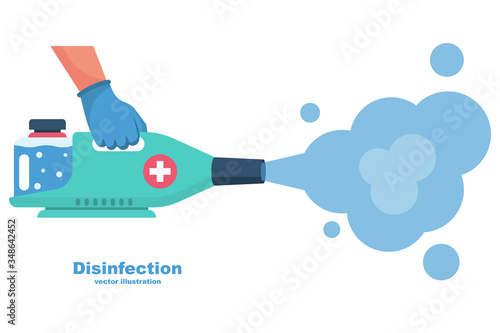 Prevention concept. Disinfection and cleaning. A man in chemical protection disinfects. Methods of controlling the epidemic of coronavirus. Vector illustration flat design. Cleaner in the hand.
