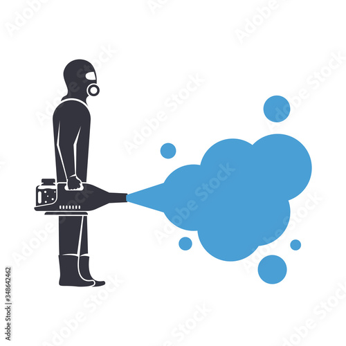 Man in hazmat. Protective suit, gas mask and gas cylinder for disinfection coronavirus covid-19. Toxic and chemicals protection. Spraying pesticides. Biological precaution. Vector flat design.