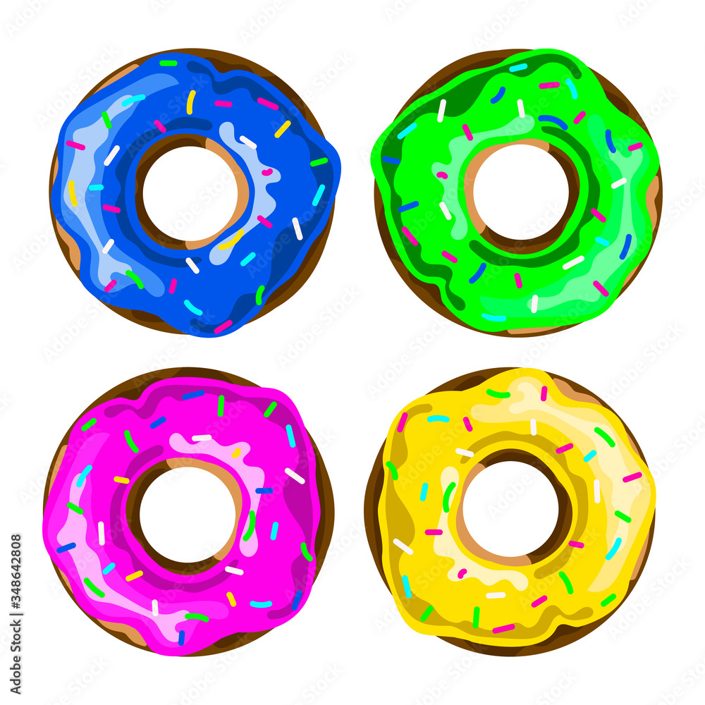 Set of colorful donuts with sprinkles and icing isolated on a white background. Top View Doughnuts collection into glaze for menu design, cafe decoration, delivery box. Flat vector illustration Set of colorful donuts with sprinkles and icing isolated on a white background. Top View Doughnuts collection into glaze for menu design, cafe decoration, delivery box. Flat vector illustration
