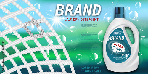 Gel laundry detergent advertising. Package design for Liquid Detergents ads with plastic bottle and fabric fiber enlarged image. Branded bleach, fabric softener, conditioner. Vector