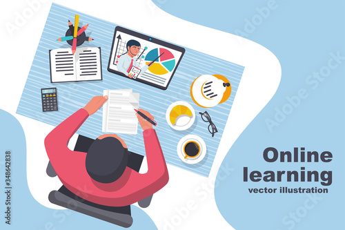 E-learning concept. Boy is studying at home during quarantine. Top view on the desktop. Video lesson with a teacher. Learning process. Vector illustration flat design. Isolated on white background.