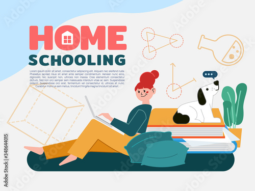 Girl sitting for learning and getting education in living room at home. Concept of home schooling, home education plan, homeschooling online tutor. Cartoon vector illustration in flat style. 