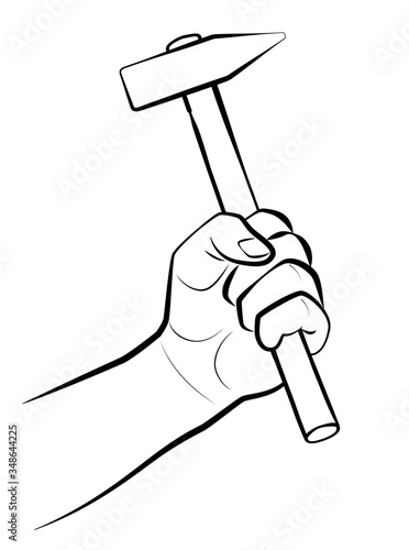 Male hand holding a hammer - isolated comic vector outline illustration on white background. 
