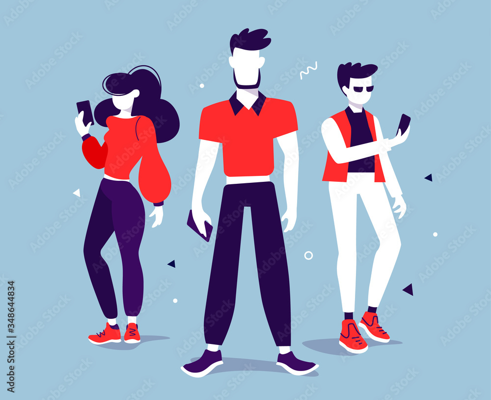 Vector creative illustration of business people with smart phone on color background. Teamwork communication in business process. Vector creative illustration of business people with smart phone on color background. Teamwork communication in business process.