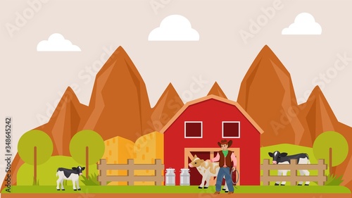 Fototapeta Naklejka Na Ścianę i Meble -  Cowboy caught cow with lasso from rope on his farm, animals on wild west ranch, design, cartoon style vector illustration. Farming in texas, man near livestock, mountain nature and green trees outdoor