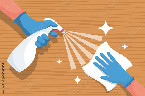 Cleaning wooden surface home or office. Spraying antibacterial sanitizing spray. Pollution prevention. Spray detergent. Napkin in hands. Protective rubber gloves. Hygiene home. Vector flat design.