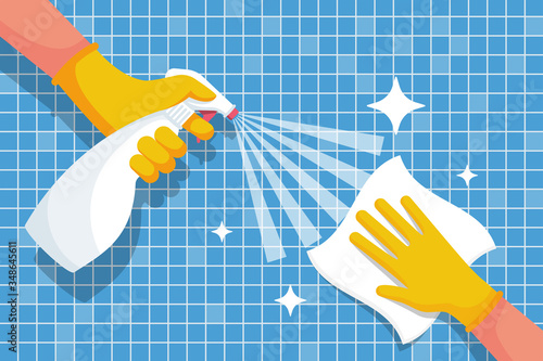 Cleaning shiny tiles in the bathroom. Spraying antibacterial sanitizing spray. Pollution prevention. Spray detergent. Napkin in hands. Protective rubber gloves. Hygiene home. Vector flat design.