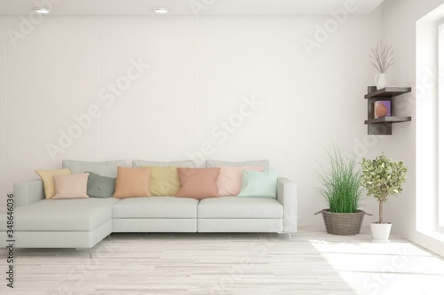 White living room with sofa. Scandinavian interior design. 3D illustration