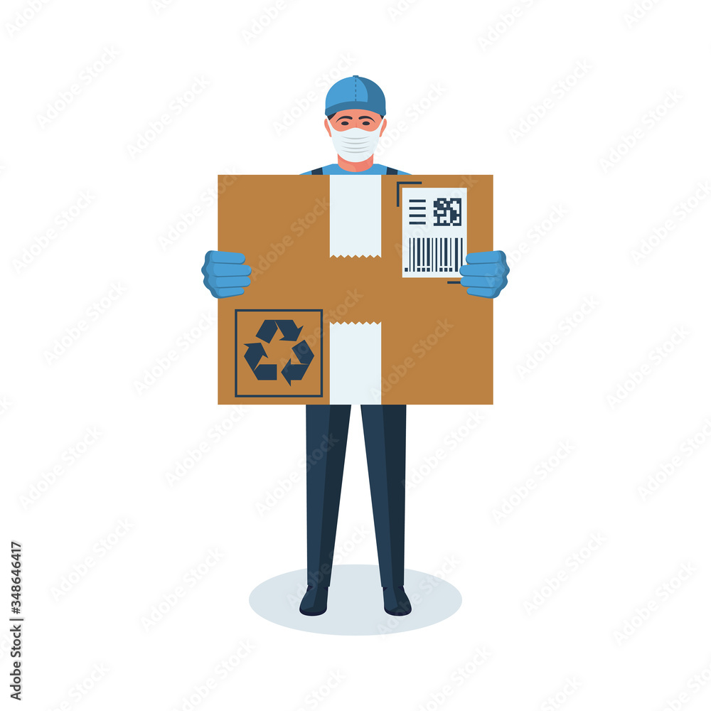 Delivery man holding cardboard boxes in medical rubber gloves and mask. Express delivery in quarantine coronavirus 2019-ncov concept. Vector illustration flat design. Delivery man holding cardboard boxes in medical rubber gloves and mask. Express delivery in quarantine coronavirus 2019-ncov concept. Vector illustration flat design.