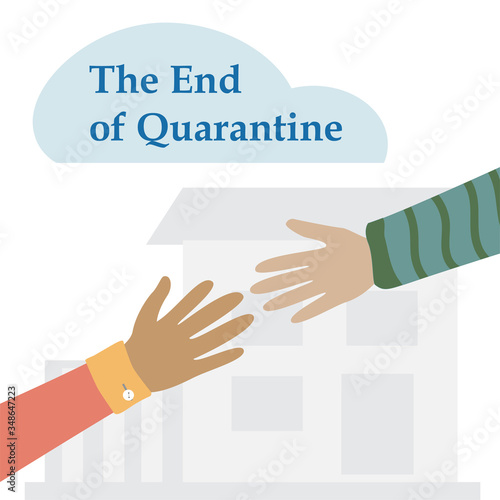 People pull their hands to each other. The end of the Quarantine sign. Hand drawn vector illustration isolated on white background.